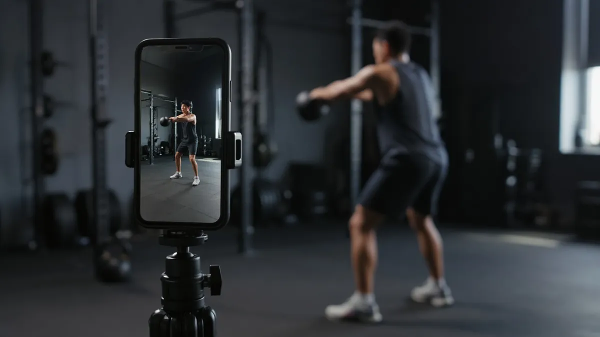 Phone on a tripod recording a kettlebell swing in a dark gym