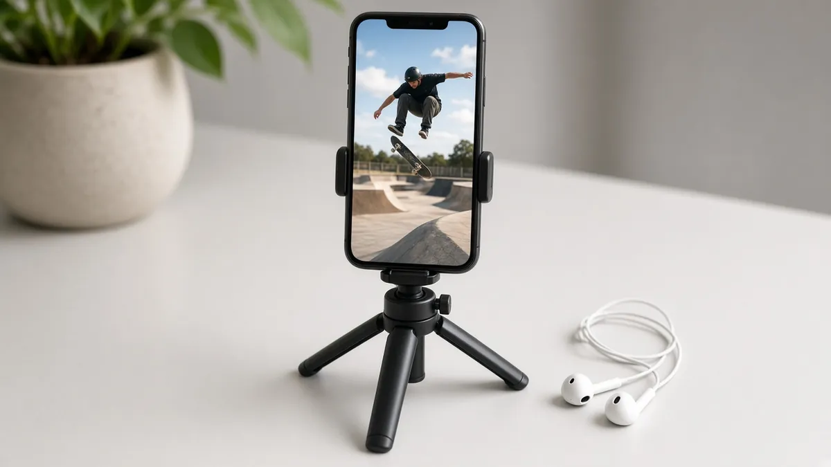 Phone on a mini tripod playing a skateboard trick clip, a simple setup for anyone who wants to buy Instagram views