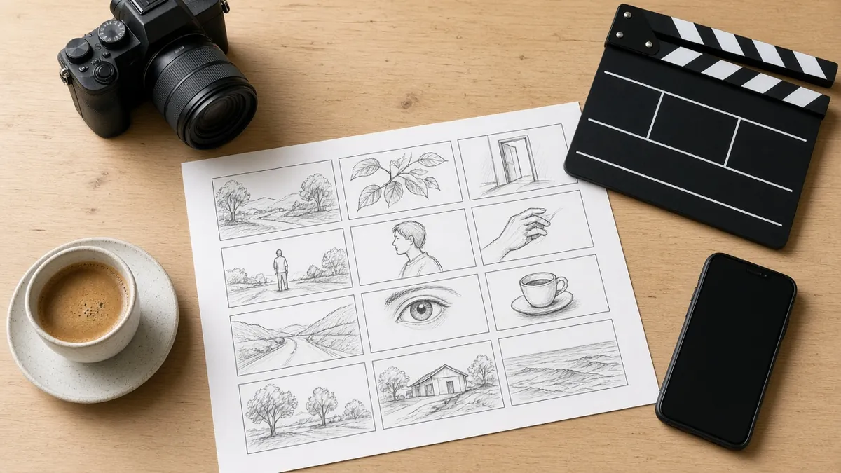 Hand-drawn storyboard sheet with a camera, clapperboard, phone and coffee on a wooden desk