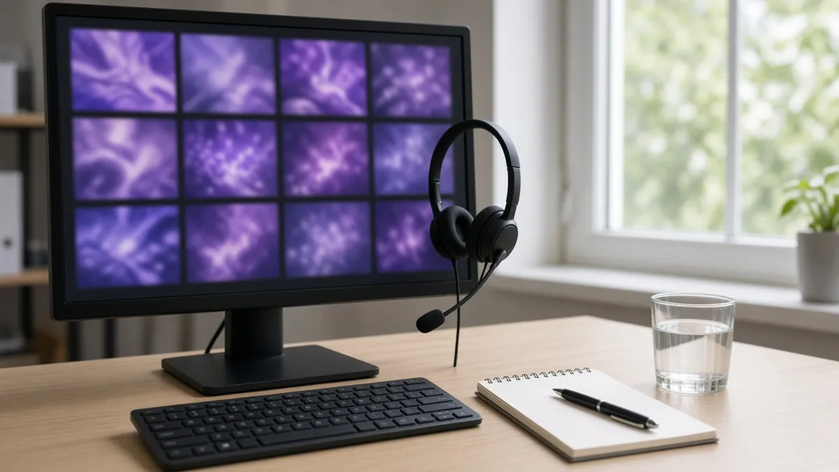 Support workstation with a purple video grid on the monitor, a headset and a notepad