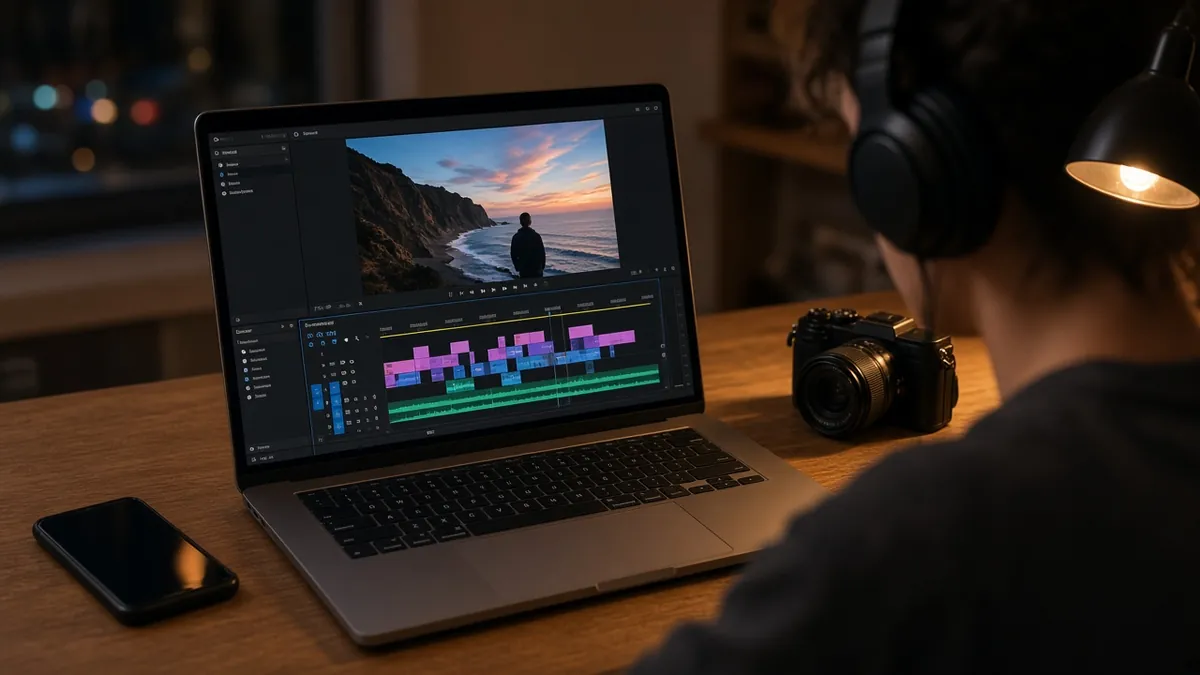 Video creator editing a seaside clip on a laptop timeline at night beside a camera