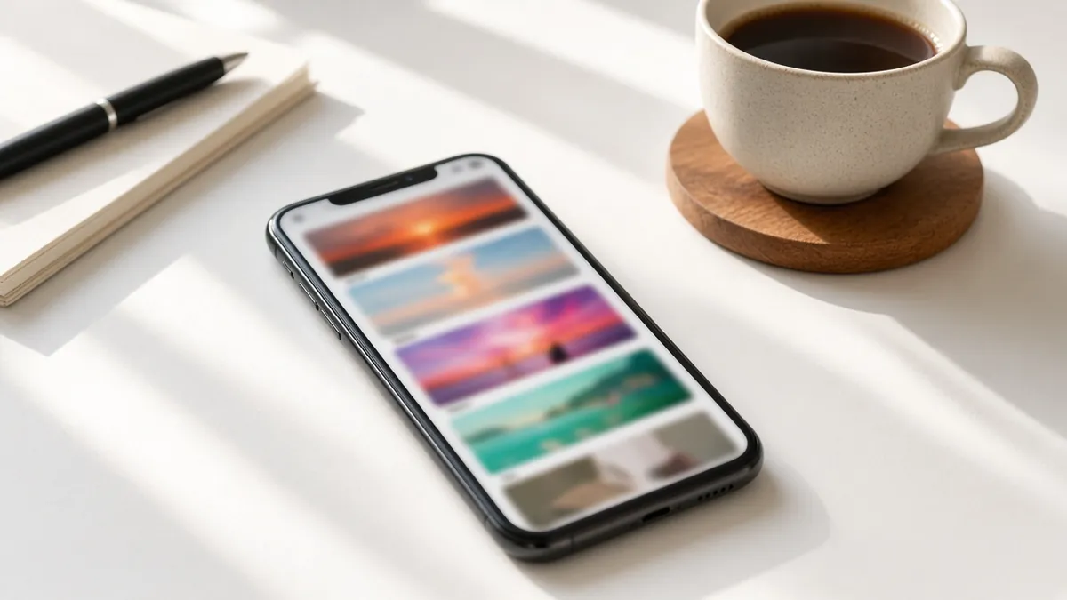 Smartphone showing a colorful photo grid on a white desk beside a cup of coffee