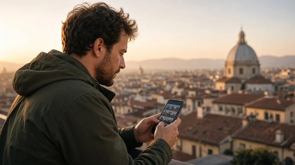 Photographer checking photos on his phone above a city skyline at sunset