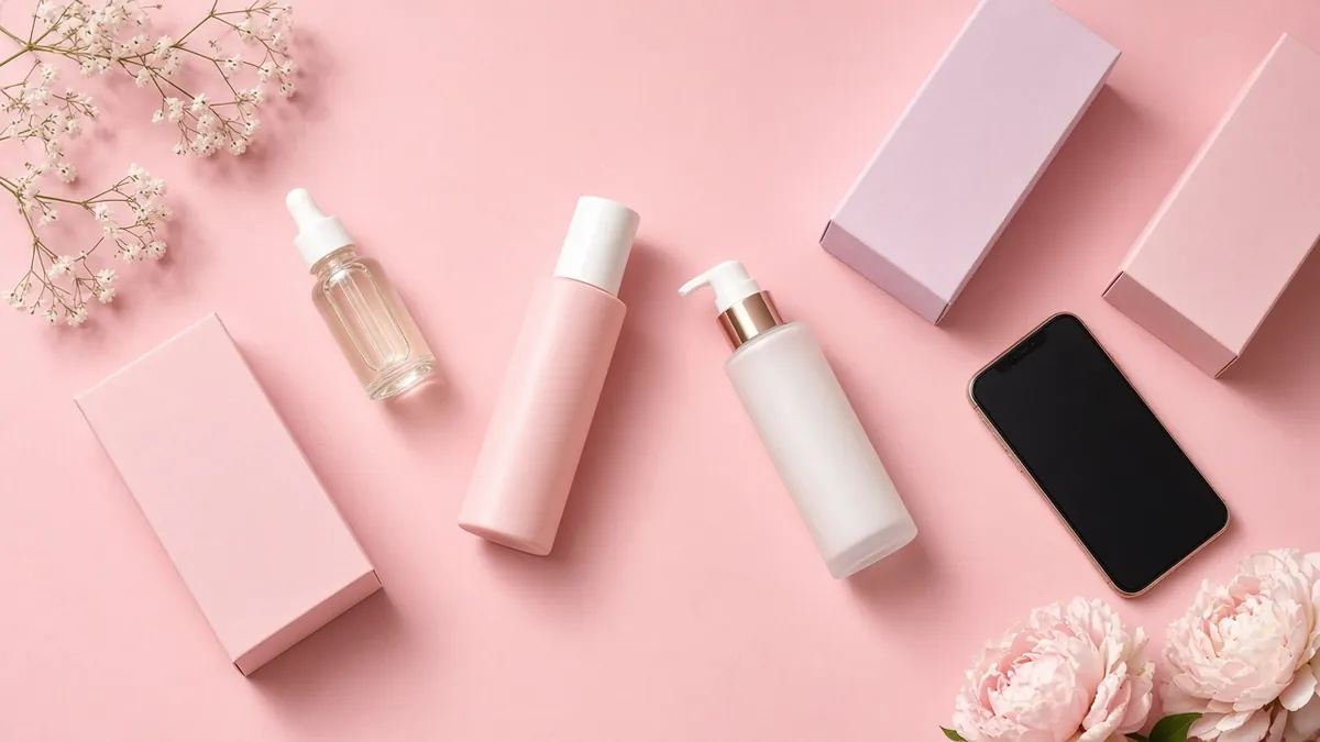 Pink flat lay of skincare bottles, boxes and a smartphone for a product launch