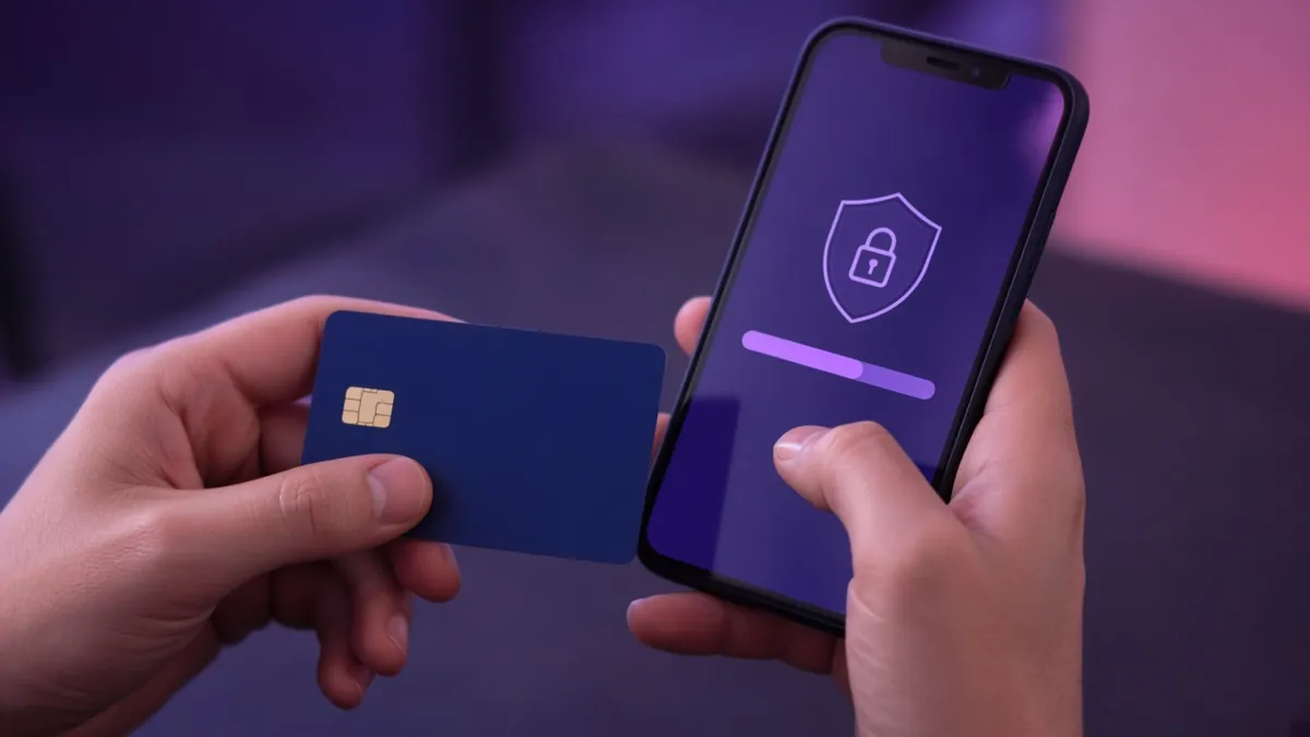 Hands holding a bank card and a phone showing a padlock on a secure checkout screen